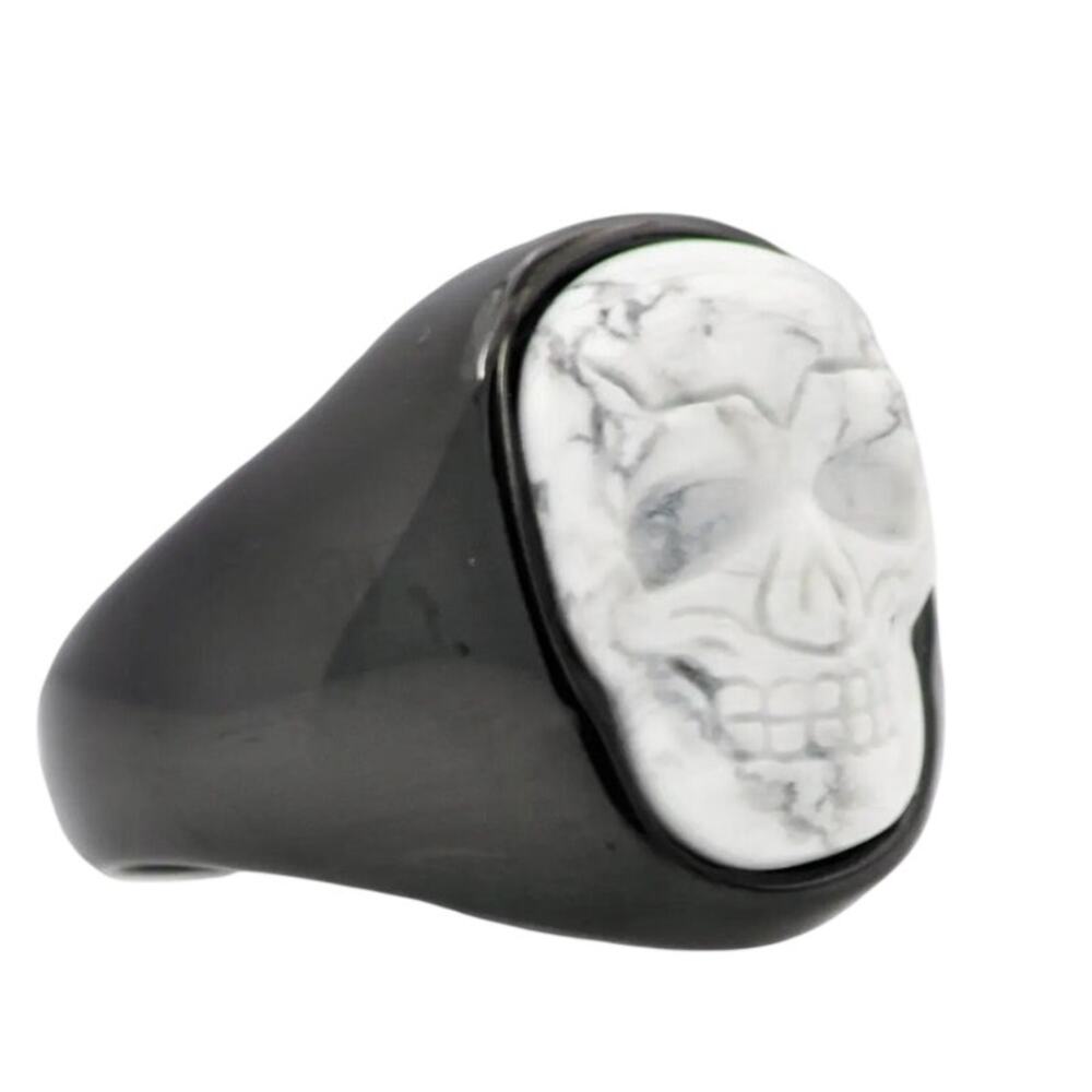 Men's Genuine Howlite Black Plated Stainless Steel Skull Ring